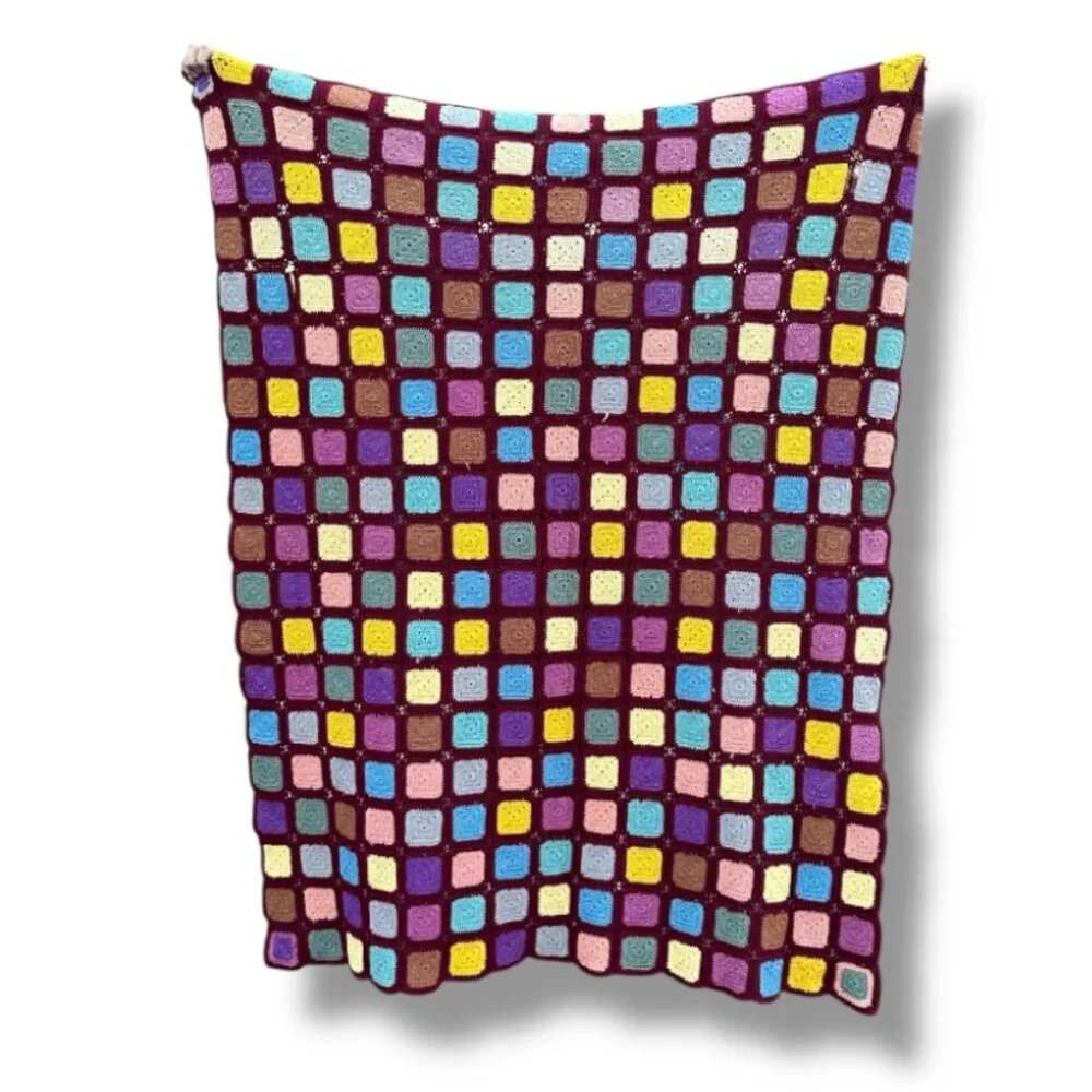 Vintage‎ Burgundy Colorful Granny Square Afghan Blanket Crochet Throw 52